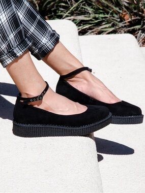 T.U.K Platform Faux Suede Ballet Pointe Creepers Loafers Mary Janes Black 12